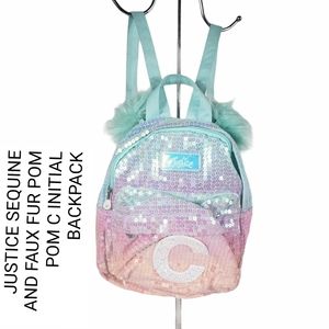 Justice Girls Mini Initial Backpack Velvet Quilted Pink Pom-Pom E Justice Girls Mini Initial Backpack Velvet Quilted Pink Pom-Pom E